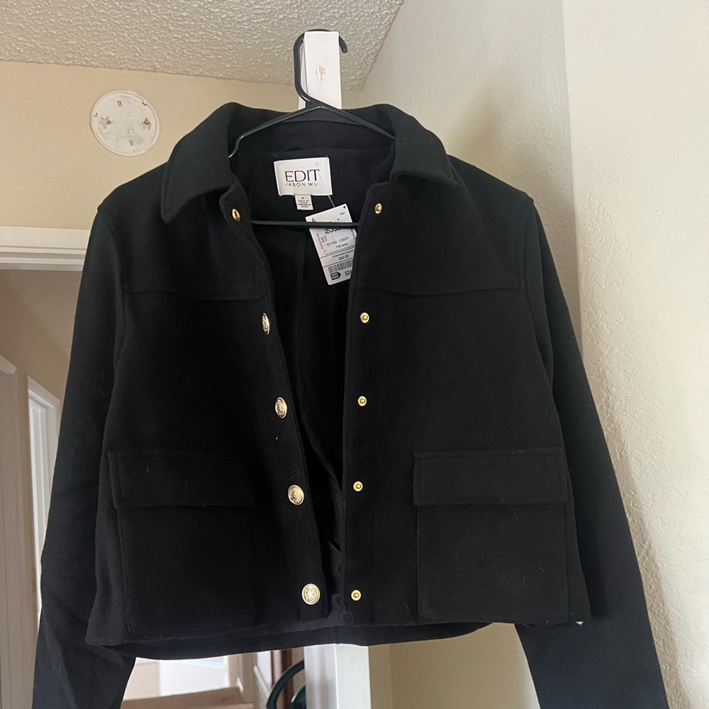 Edit Jason Wu Brand Black Cropped Wool Blend Jacket with Gold Buttons